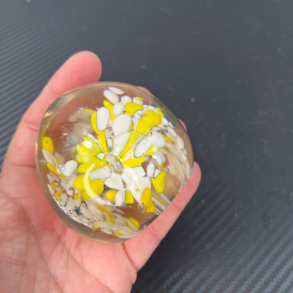 Handcrafted 60/70’s Glass Paperweight With Yellow & White Flower Design